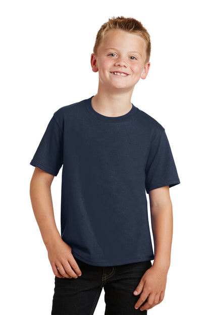 Front View of Deep Navy Port & Co Youth Fan Favorite Tee. PC450Y plain