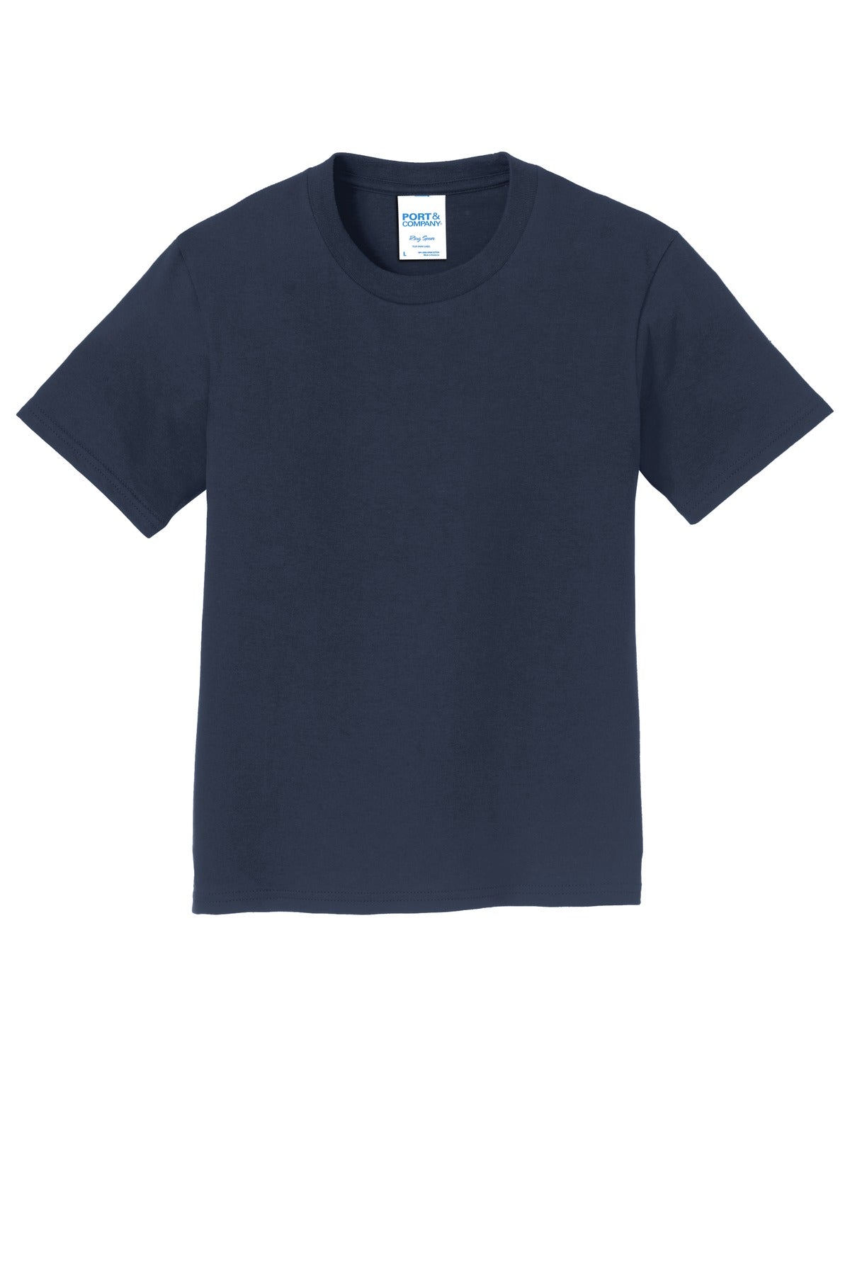 Front View of Deep Navy Port & Co Youth Fan Favorite Tee. PC450Y plain