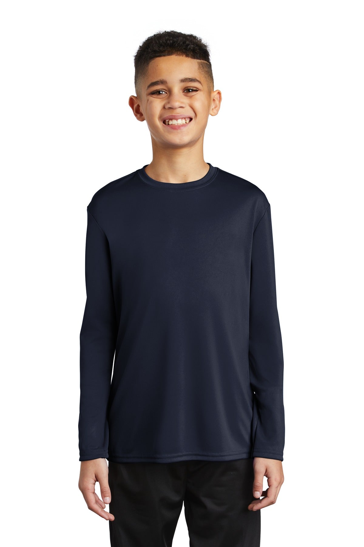 Front View of Deep Navy Port & Co Youth Long Sleeve Performance Tee PC380YLS plain