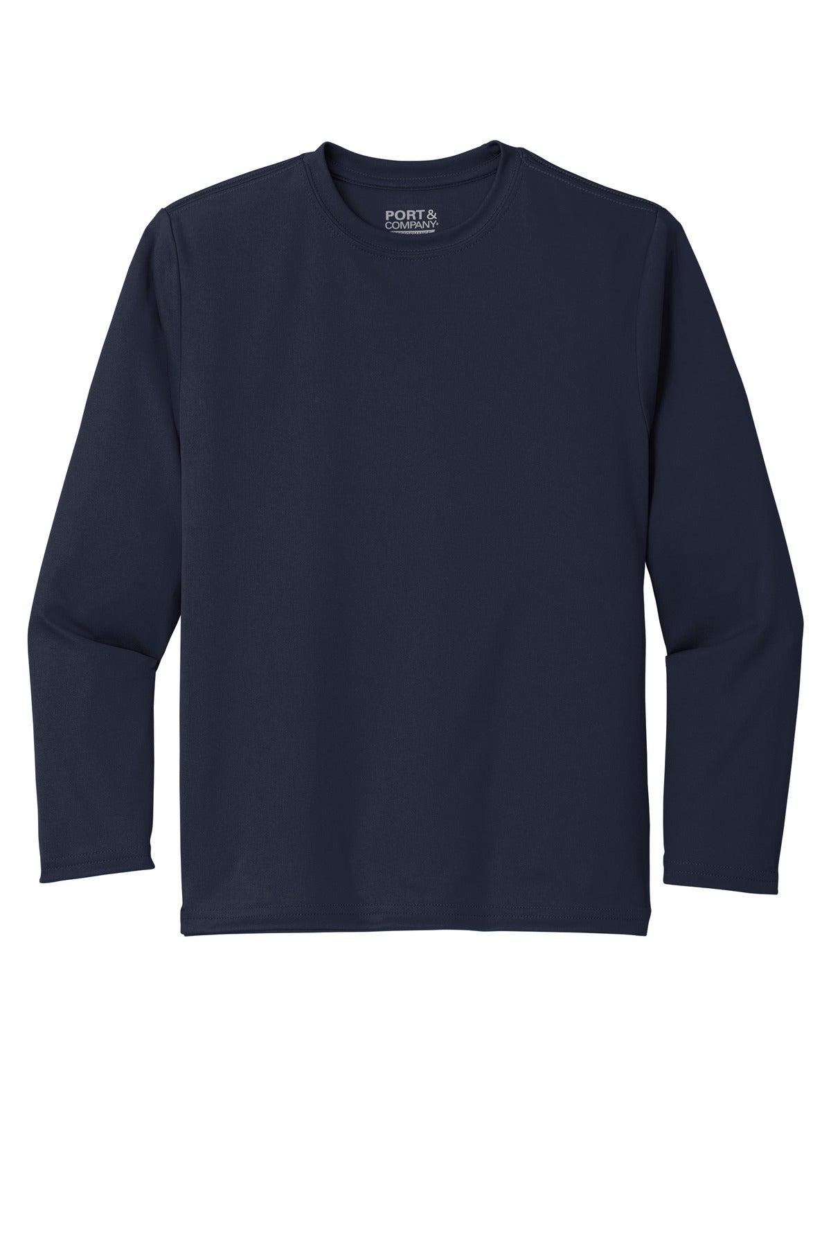 Front View of Deep Navy Port & Co Youth Long Sleeve Performance Tee PC380YLS plain