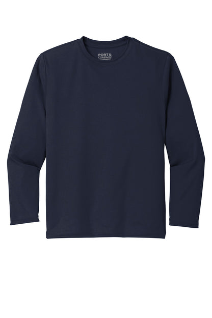 Front View of Deep Navy Port & Co Youth Long Sleeve Performance Tee PC380YLS plain