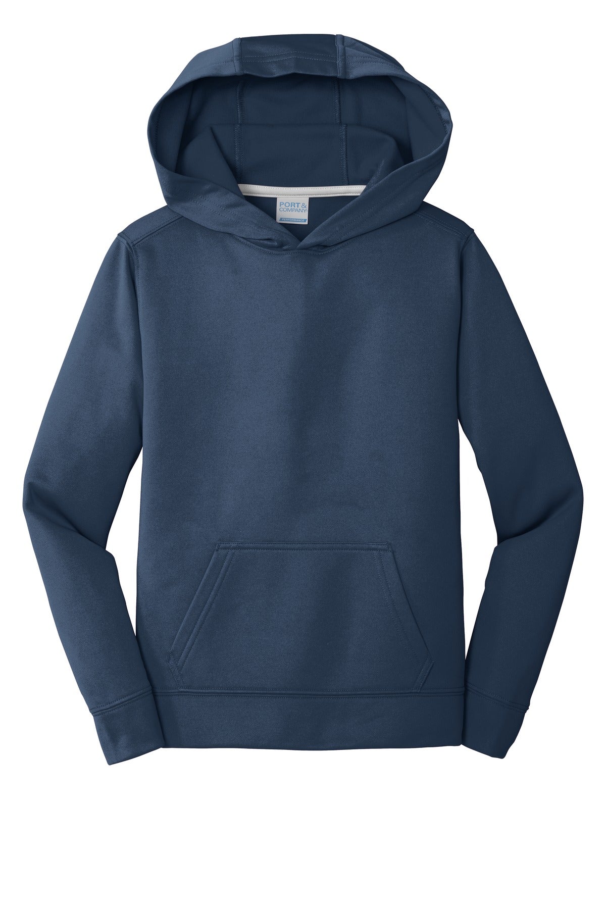 Front View of Deep Navy Port & Co Youth Performance Fleece Pullover Hooded Sweatshirt. PC590YH plain
