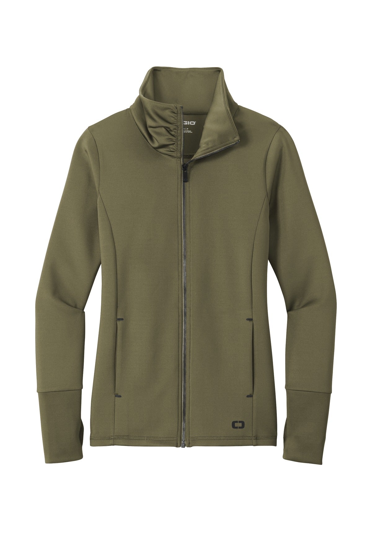 Front View of Deep Olive OGIO Women's Modern Performance Full-Zip. LOE703 plain