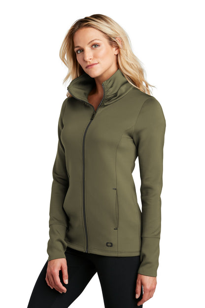 Front View of Deep Olive OGIO Women's Modern Performance Full-Zip. LOE703 plain