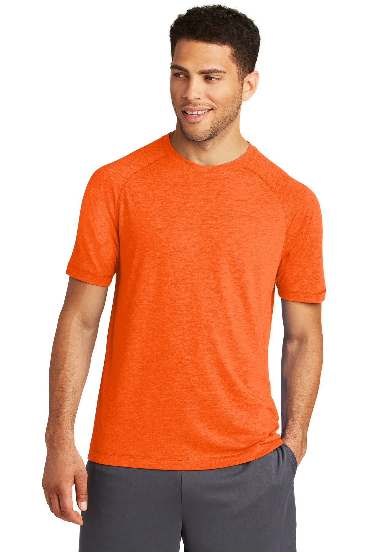 Front View of Deep Orange He Sport-Tek PosiCharge Tri-Blend Wicking Raglan Tee. ST400 plain