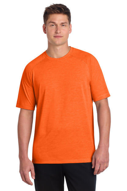 Front View of Deep Orange He Sport-Tek PosiCharge Tri-Blend Wicking Raglan Tee. ST400 plain