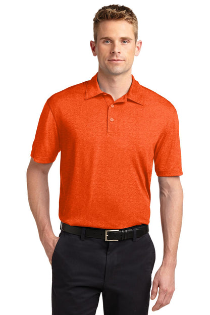 Front View of Deep Orange HR Sport-Tek Heather Contender Polo. ST660 plain