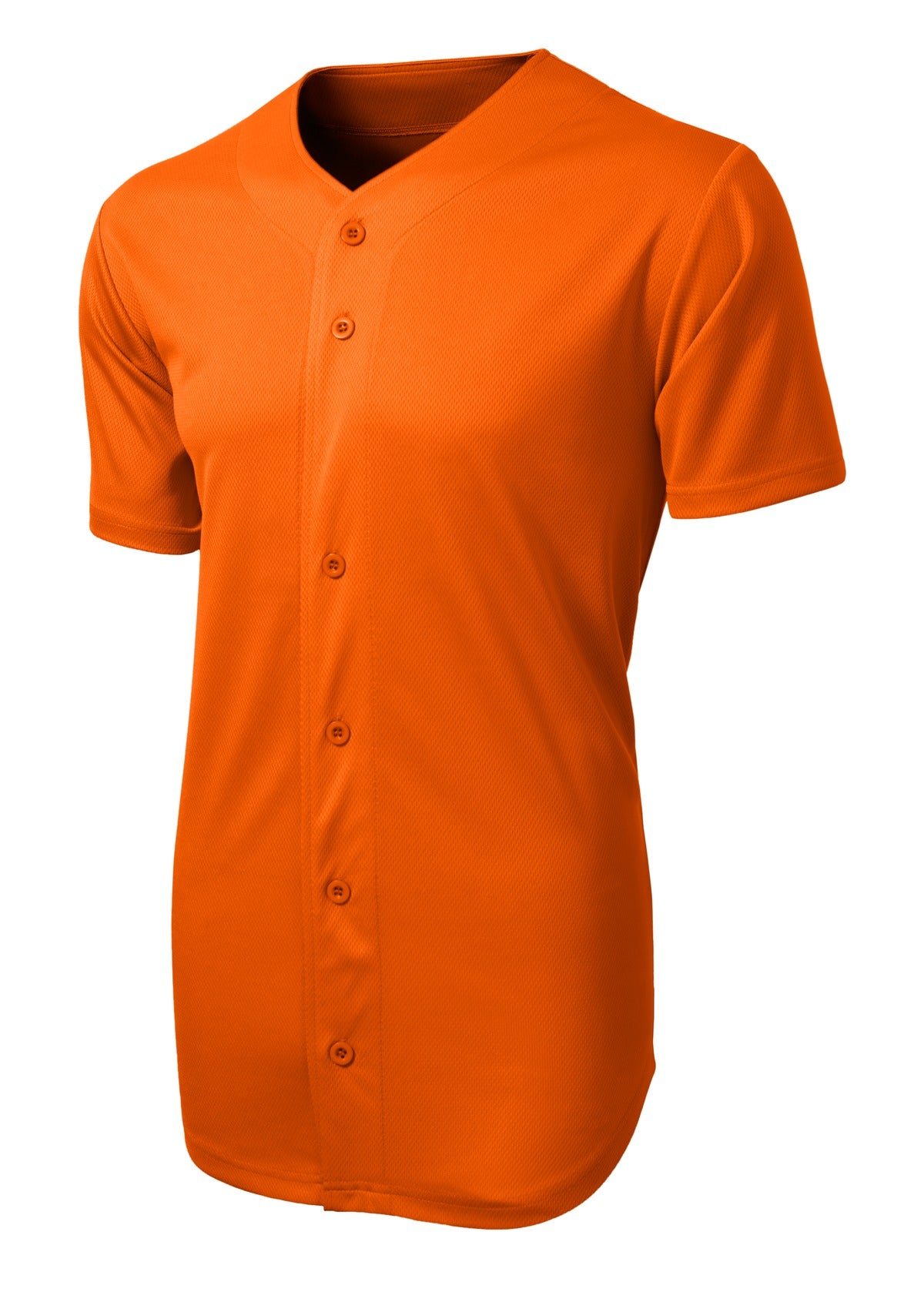 Front View of Deep Orange Sport-Tek PosiCharge Tough Mesh Full-Button Jersey. ST220 plain