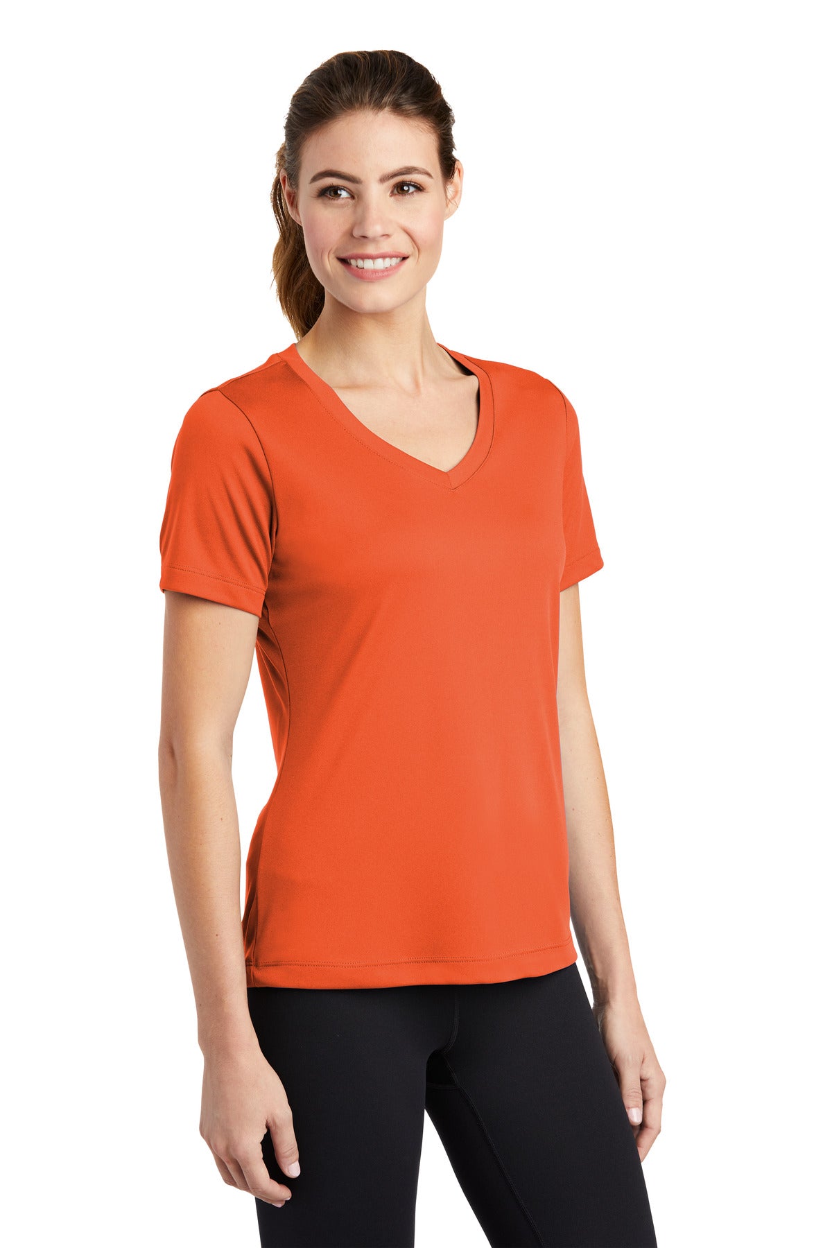 Front View of Deep Orange Sport-Tek Women's PosiCharge Competitor V-Neck Tee. LST353 plain