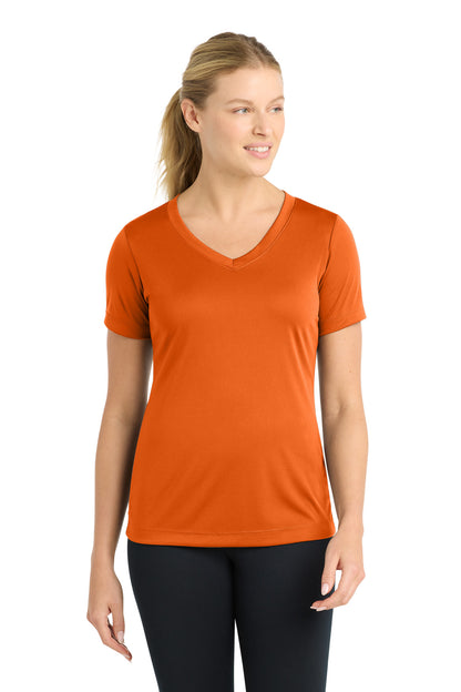 Front View of Deep Orange Sport-Tek Women's PosiCharge Competitor V-Neck Tee. LST353 plain