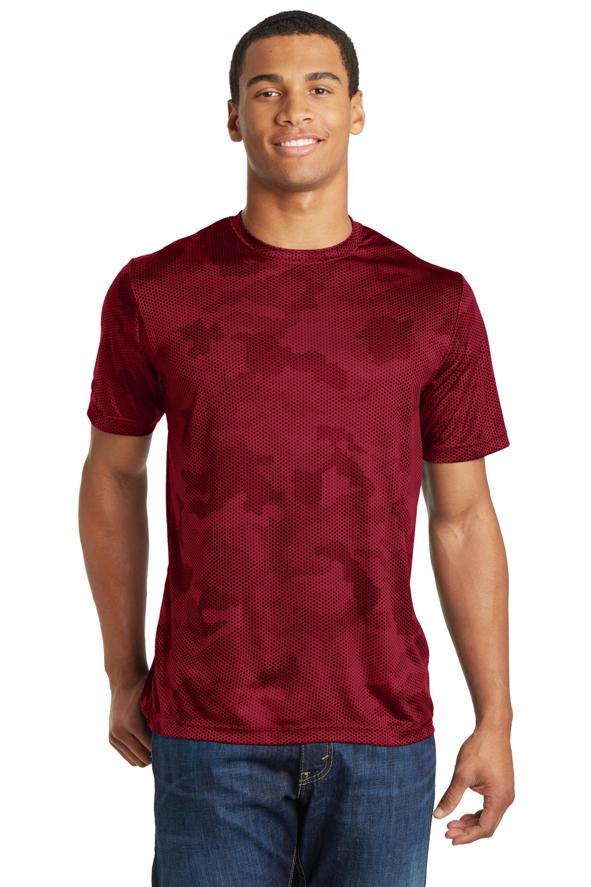 Front View of Deep Red Sport-Tek CamoHex Tee. ST370 plain