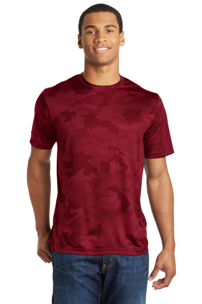 Front View of Deep Red Sport-Tek CamoHex Tee. ST370 plain