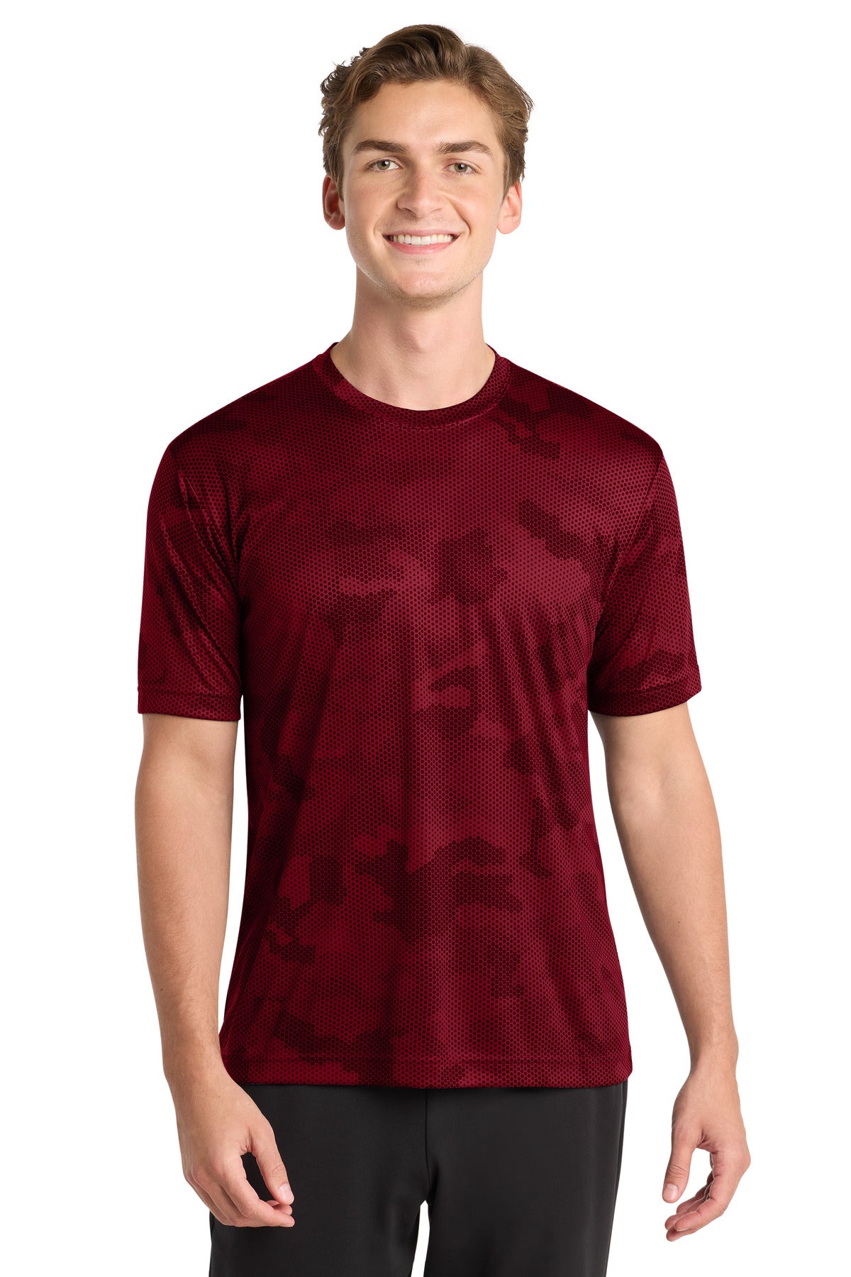 Front View of Deep Red Sport-Tek CamoHex Tee. ST370 plain