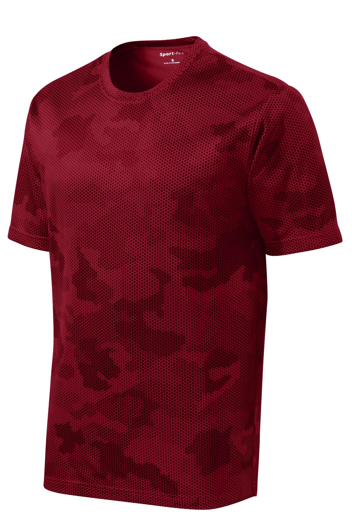 Front View of Deep Red Sport-Tek CamoHex Tee. ST370 plain