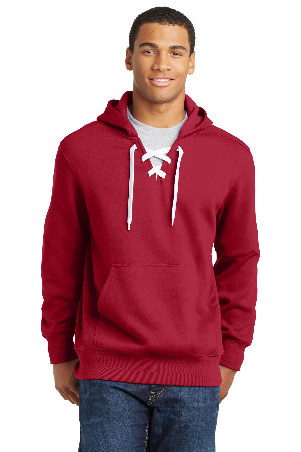Front View of Deep Red Sport-Tek Lace Up Pullover Hooded Sweatshirt. ST271 plain