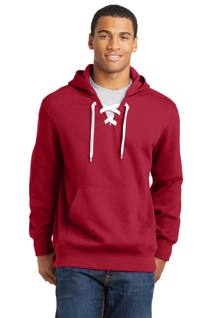 Front View of Deep Red Sport-Tek Lace Up Pullover Hooded Sweatshirt. ST271 plain