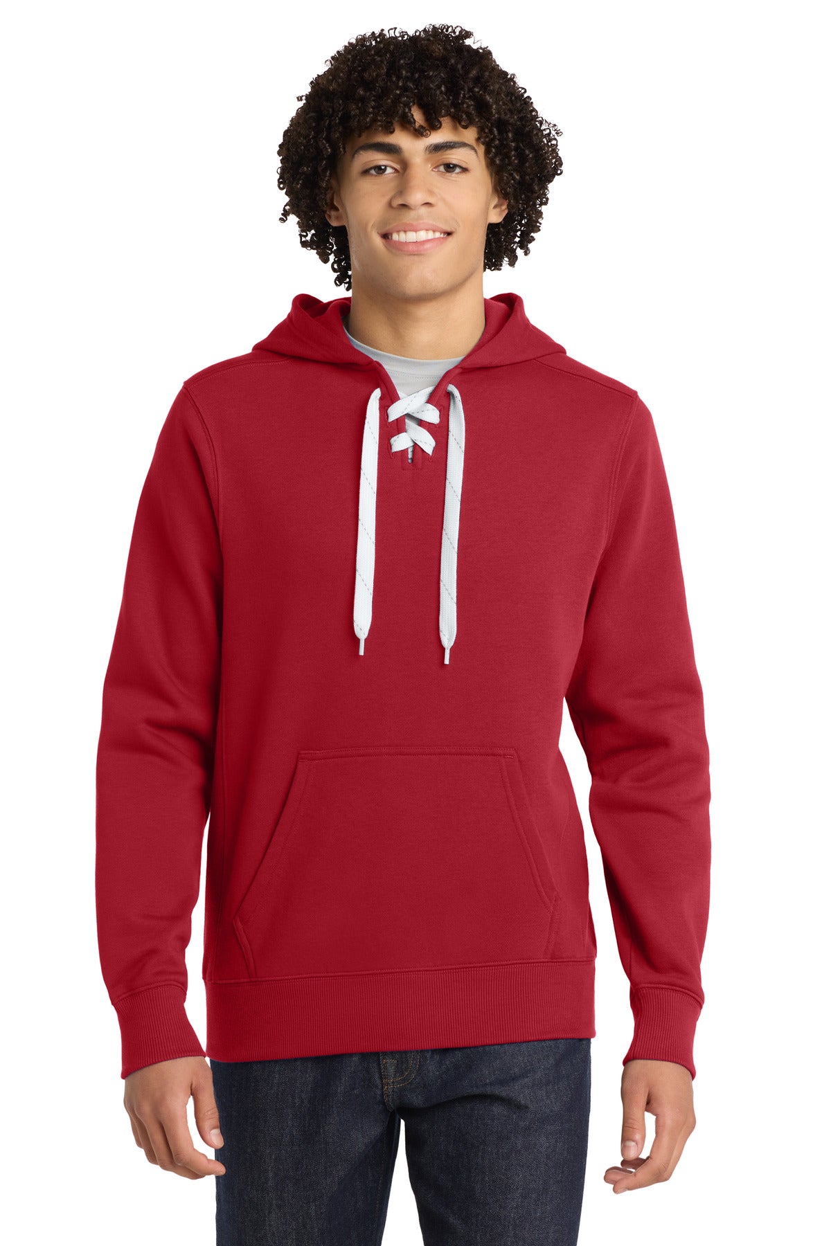 Front View of Deep Red Sport-Tek Lace Up Pullover Hooded Sweatshirt. ST271 plain