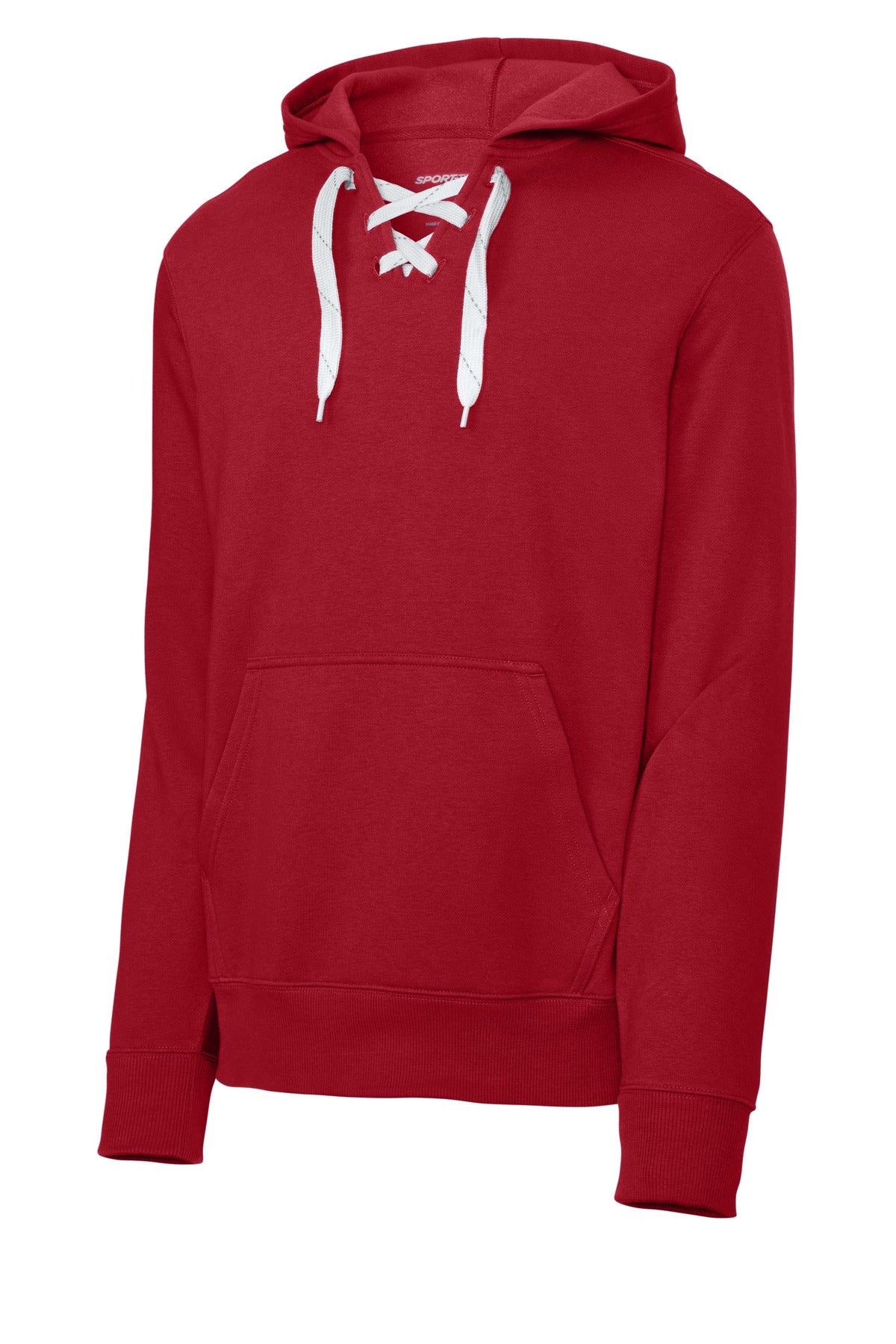 Front View of Deep Red Sport-Tek Lace Up Pullover Hooded Sweatshirt. ST271 plain