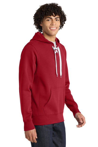 Front View of Deep Red Sport-Tek Lace Up Pullover Hooded Sweatshirt. ST271 plain