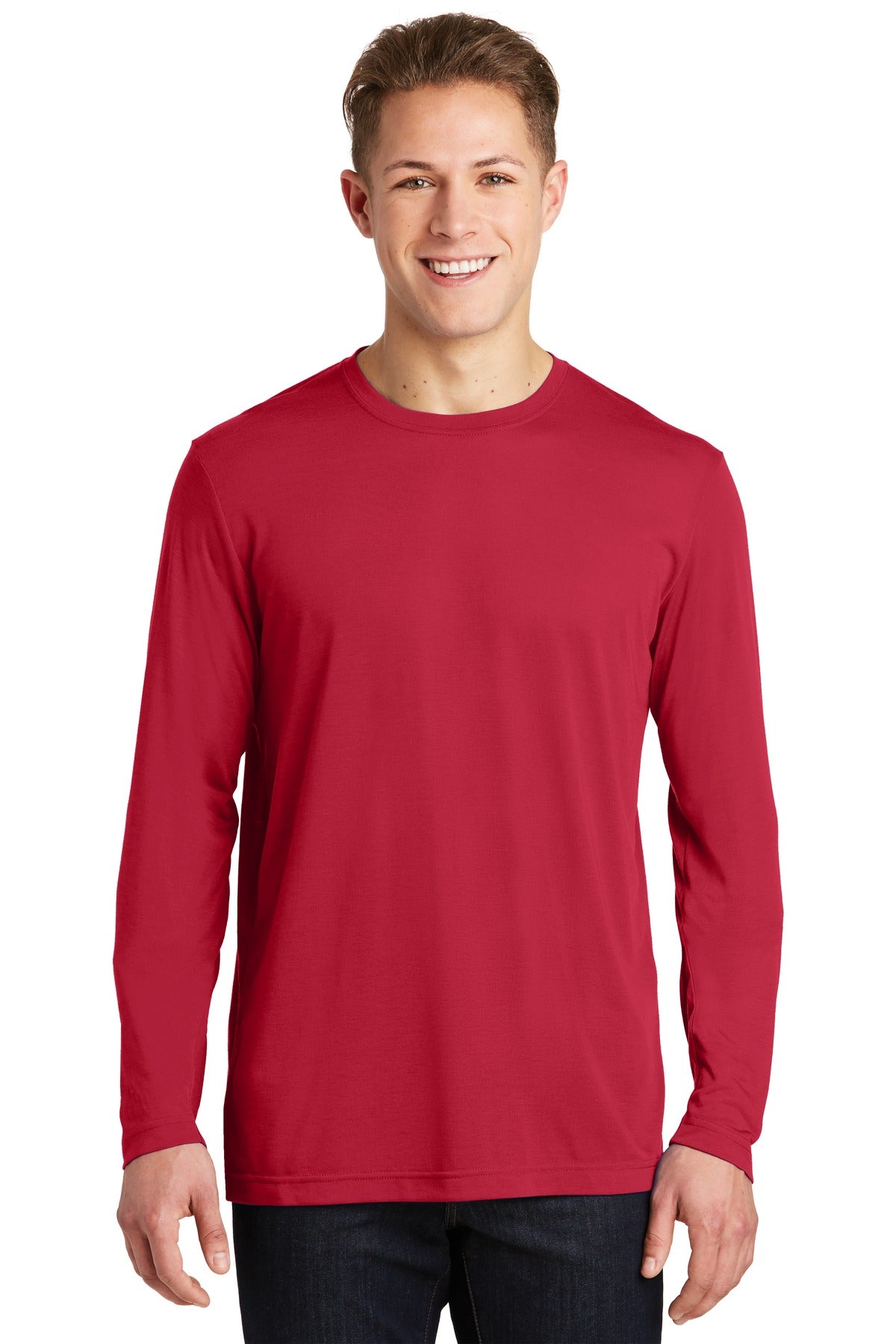 Front View of Deep Red Sport-Tek Long Sleeve PosiCharge Competitor Cotton Touch Tee. ST450LS plain