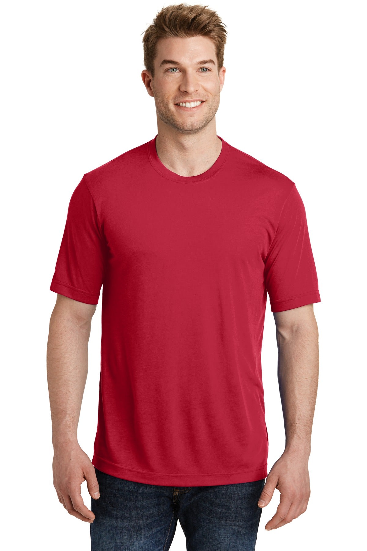 Front View of Deep Red Sport-Tek PosiCharge Competitor Cotton Touch Tee. ST450 plain