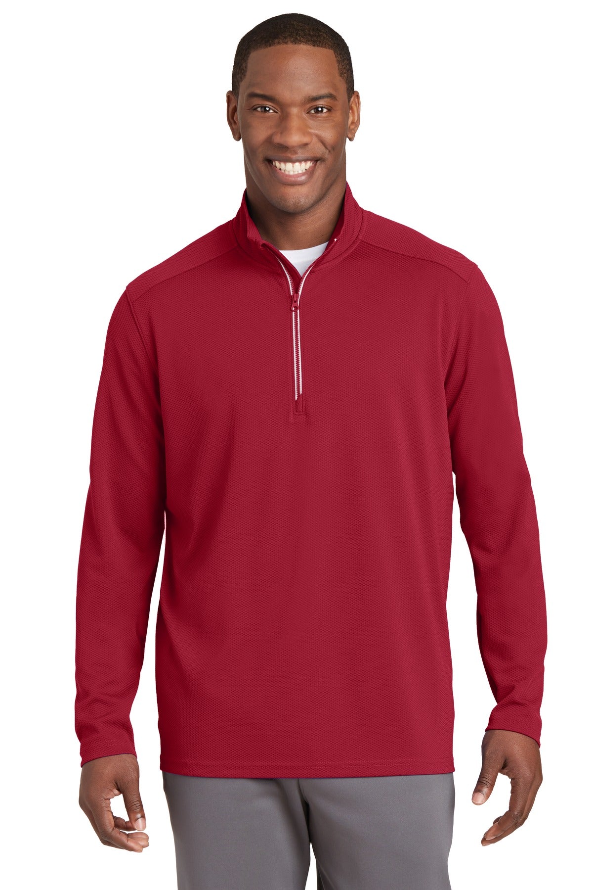 Front View of Deep Red Sport-Tek Sport-Wick Textured 1/4-Zip Pullover. ST860 plain