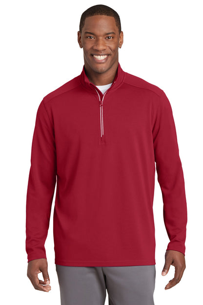 Front View of Deep Red Sport-Tek Sport-Wick Textured 1/4-Zip Pullover. ST860 plain