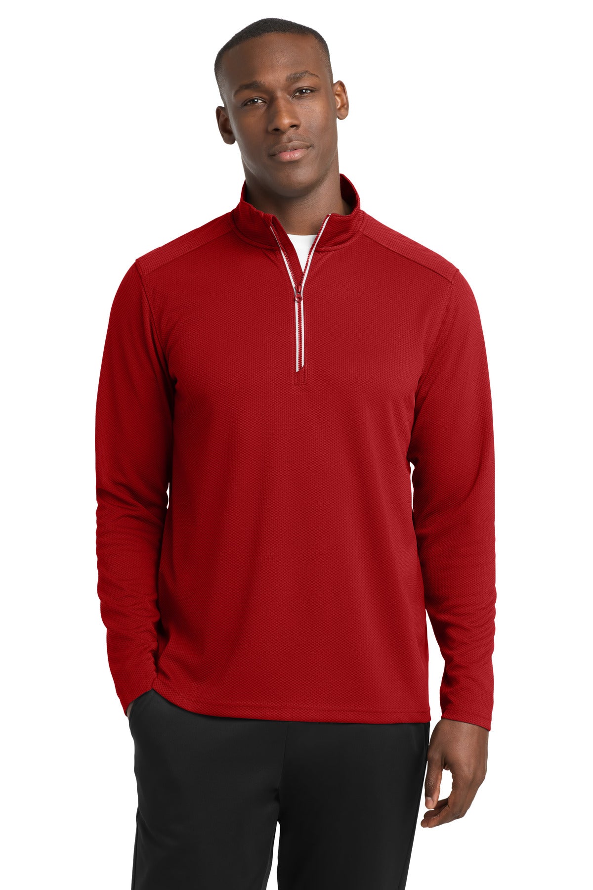 Front View of Deep Red Sport-Tek Sport-Wick Textured 1/4-Zip Pullover. ST860 plain