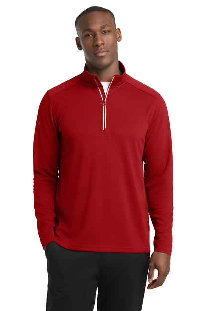 Front View of Deep Red Sport-Tek Sport-Wick Textured 1/4-Zip Pullover. ST860 plain