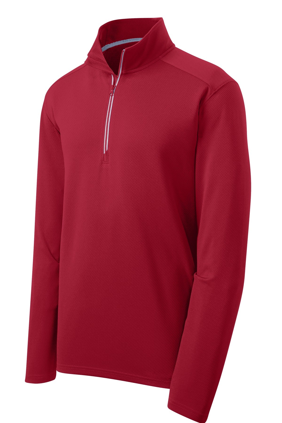 Front View of Deep Red Sport-Tek Sport-Wick Textured 1/4-Zip Pullover. ST860 plain