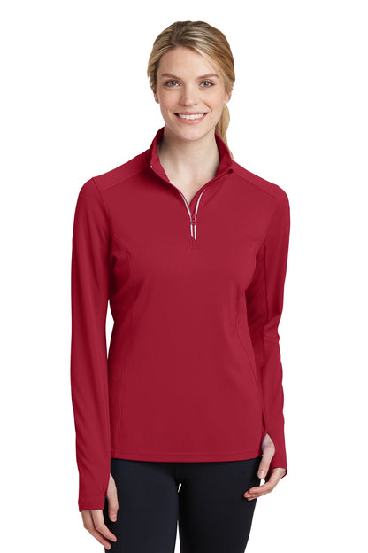 Front View of Deep Red Sport-Tek Women's Sport-Wick Textured 1/4-Zip Pullover. LST860 plain
