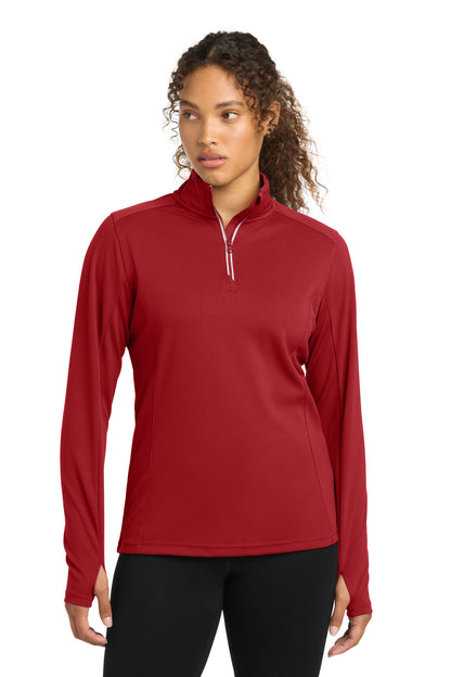Front View of Deep Red Sport-Tek Women's Sport-Wick Textured 1/4-Zip Pullover. LST860 plain