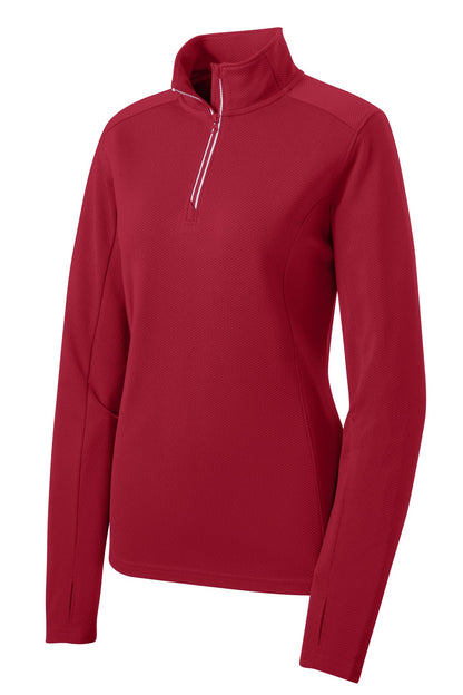 Front View of Deep Red Sport-Tek Women's Sport-Wick Textured 1/4-Zip Pullover. LST860 plain