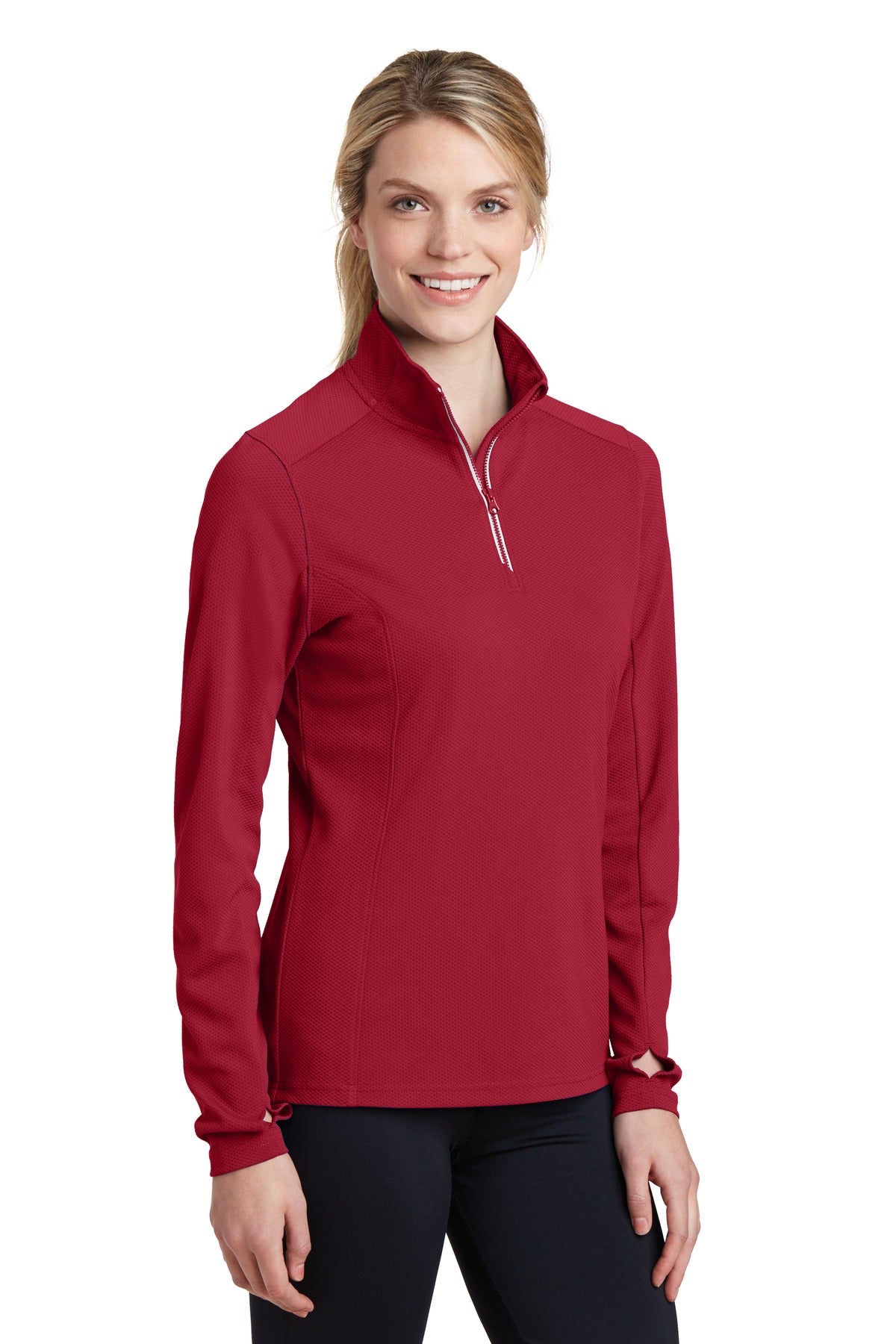 Front View of Deep Red Sport-Tek Women's Sport-Wick Textured 1/4-Zip Pullover. LST860 plain