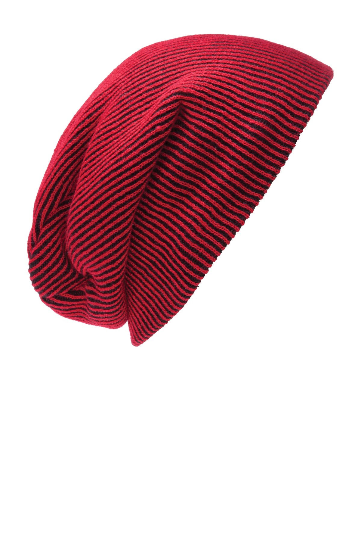 Front View of Deep Red/Black Port Authority Rib Knit Slouch Beanie. C935 plain