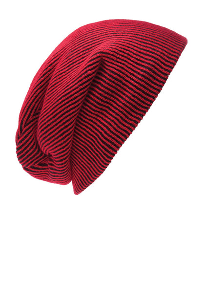 Front View of Deep Red/Black Port Authority Rib Knit Slouch Beanie. C935 plain