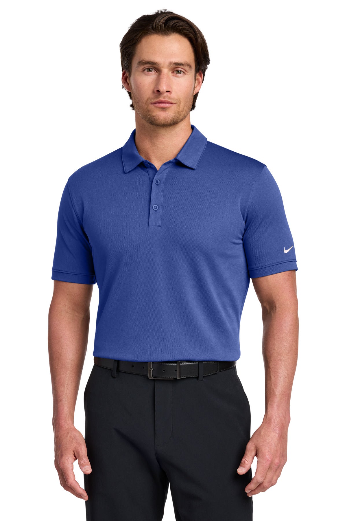 Front View of Deep Royal Blu Nike Dri-FIT Solid Icon Pique Modern Fit Polo. 746099 plain