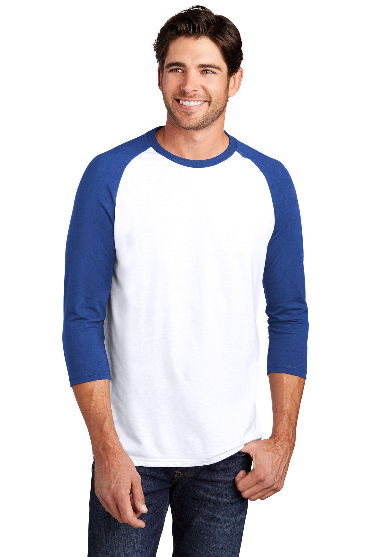 Front View of Deep Royal/Wht District Perfect Tri 3/4-Sleeve Raglan. DM136 plain