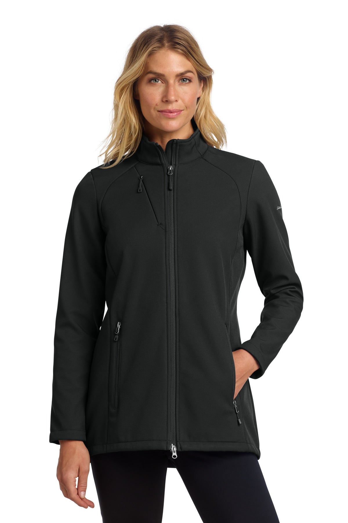 Front View of DeepBlack Eddie Bauer Women's Stretch Soft Shell Jacket EB545 plain