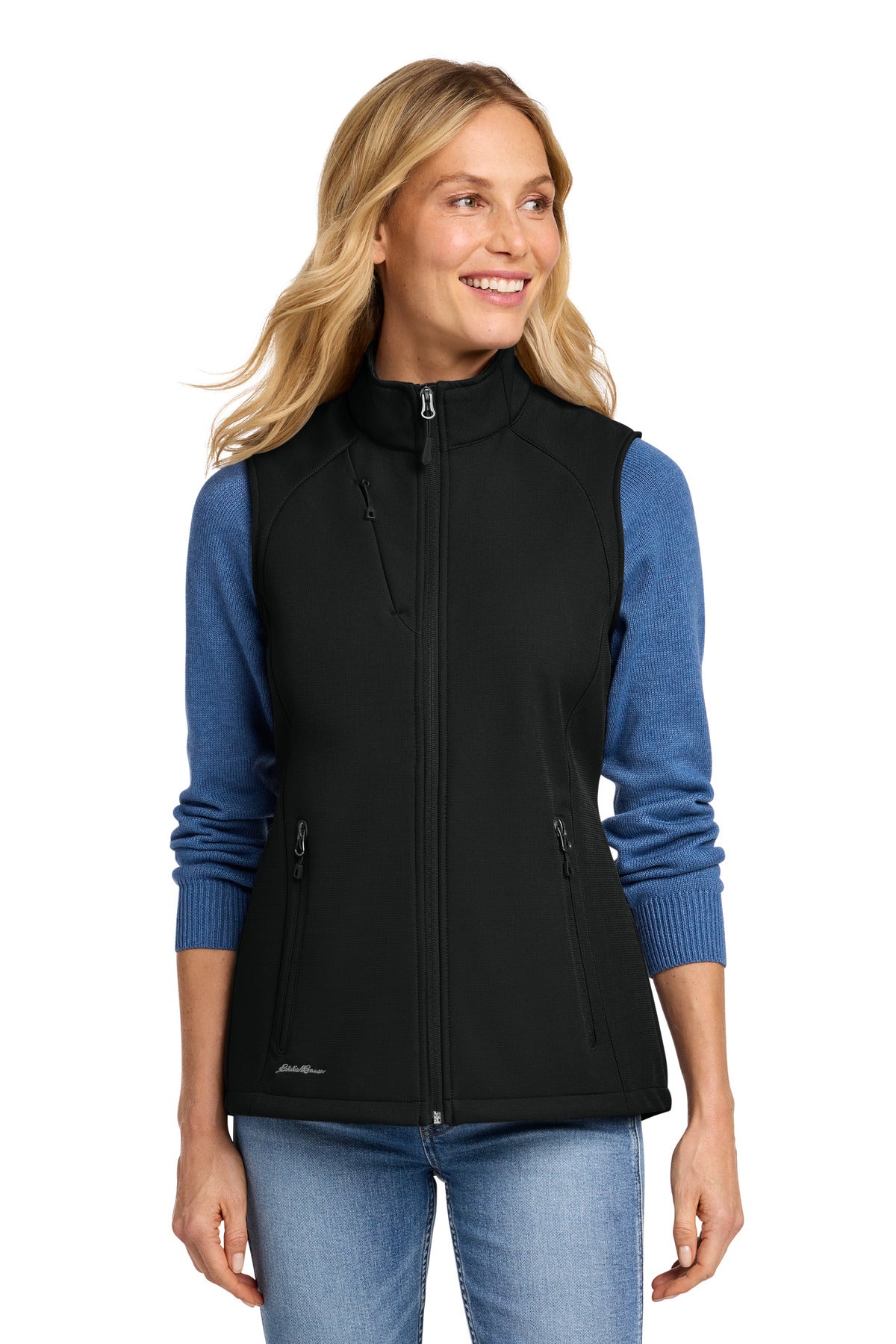 Front View of DeepBlack Eddie Bauer Women's Stretch Soft Shell Vest EB547 plain