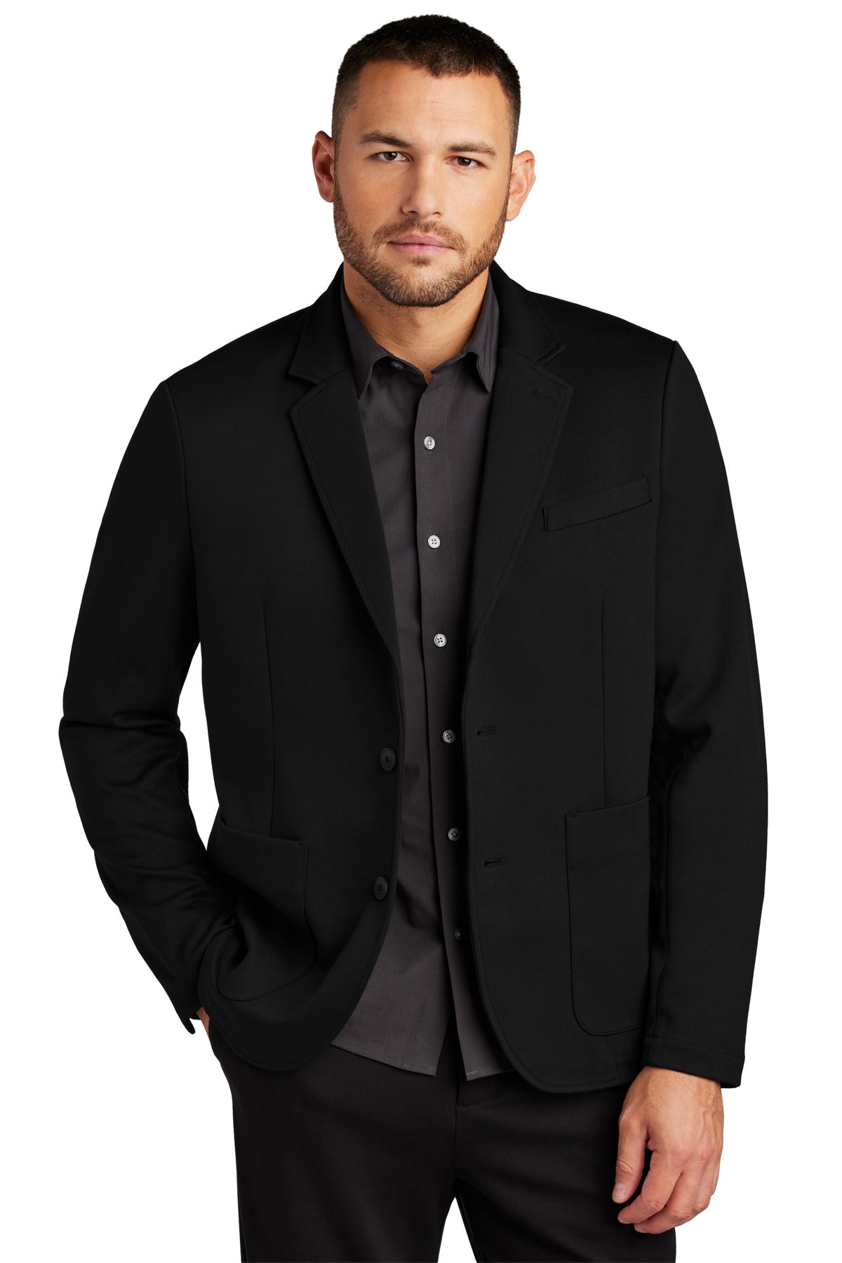 Front View of DeepBlack Mercer+Mettle Relaxed Knit Blazer MM3030 plain
