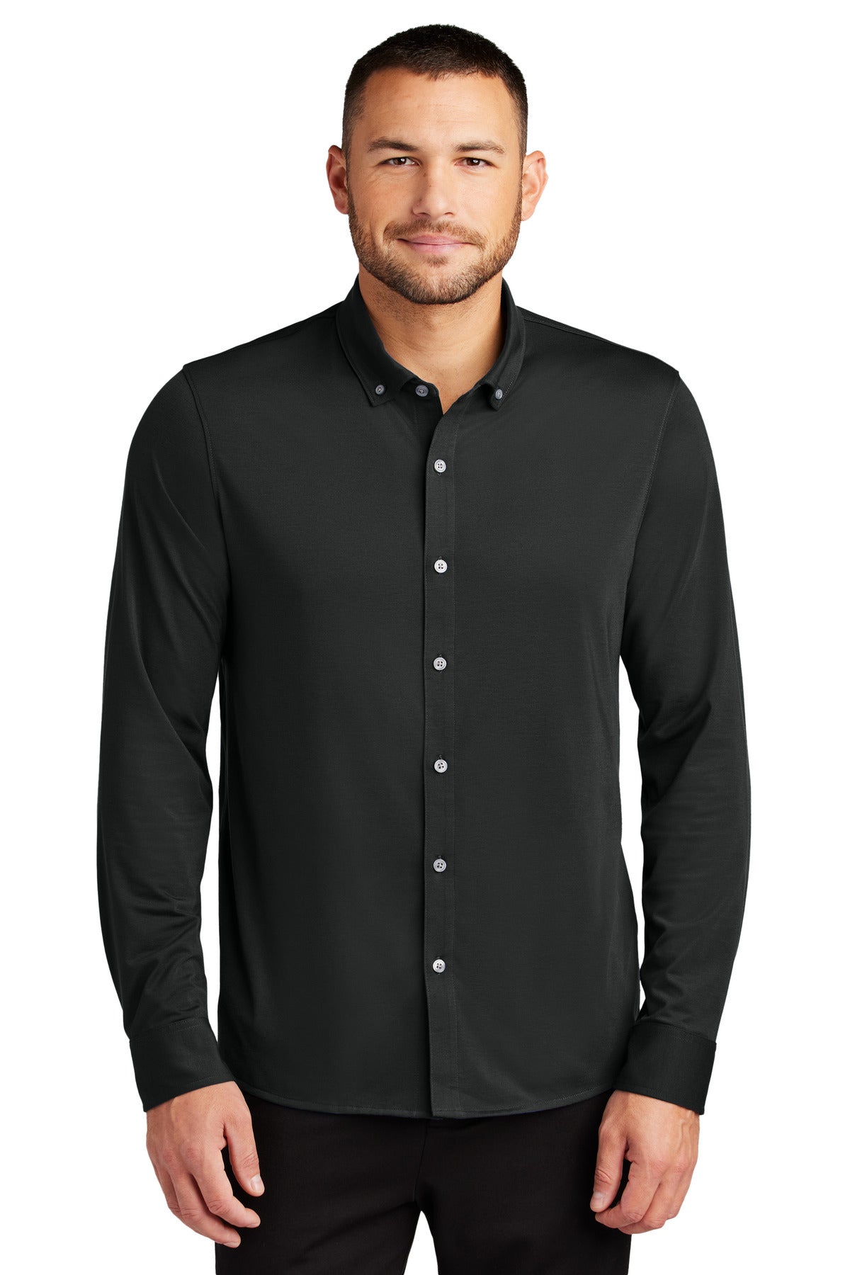Front View of DeepBlack Mercer+Mettle Stretch Jersey Long Sleeve Shirt MM1018 plain