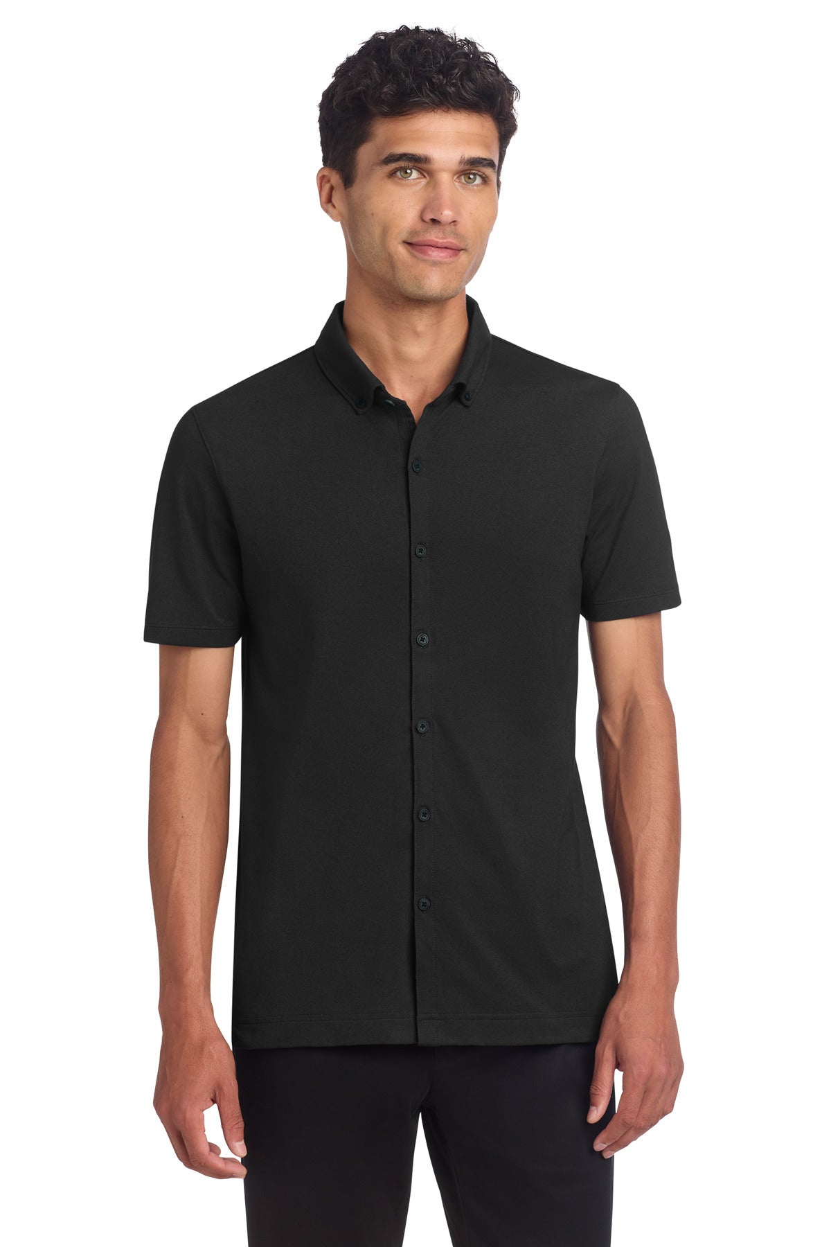 Front View of DeepBlack Mercer+Mettle Stretch Pique Full-Button Polo MM1006 plain