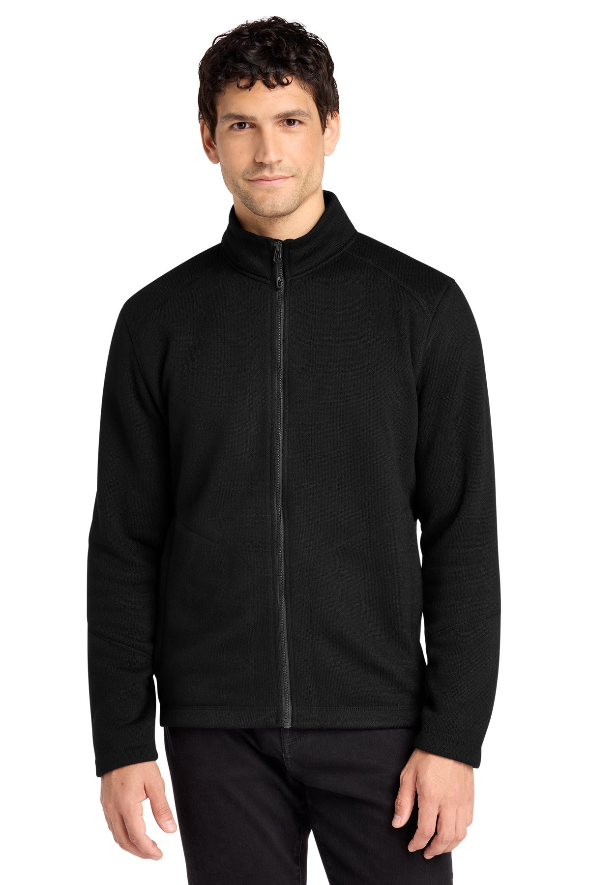 Front View of DeepBlack Port Authority Arc Sweater Fleece Jacket F428 plain
