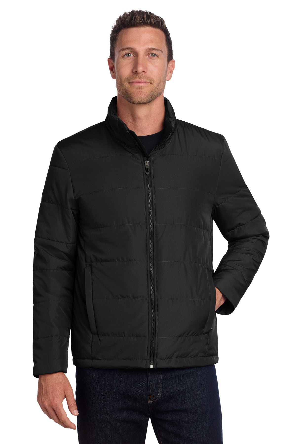 Front View of DeepBlack Port Authority Puffer Jacket J852 plain