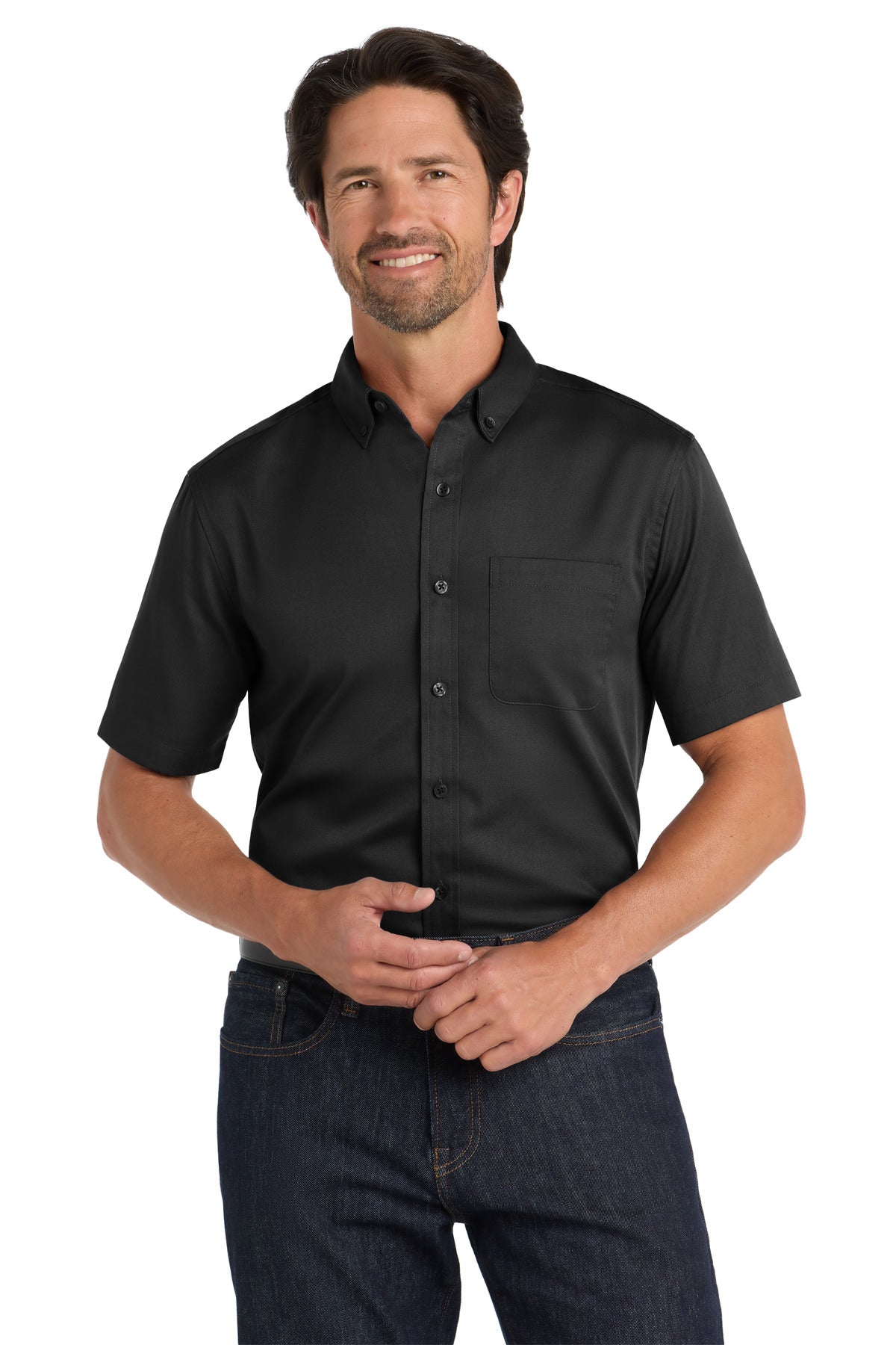 Front View of DeepBlack Port Authority Short Sleeve SuperPro React Twill Shirt. W809 plain