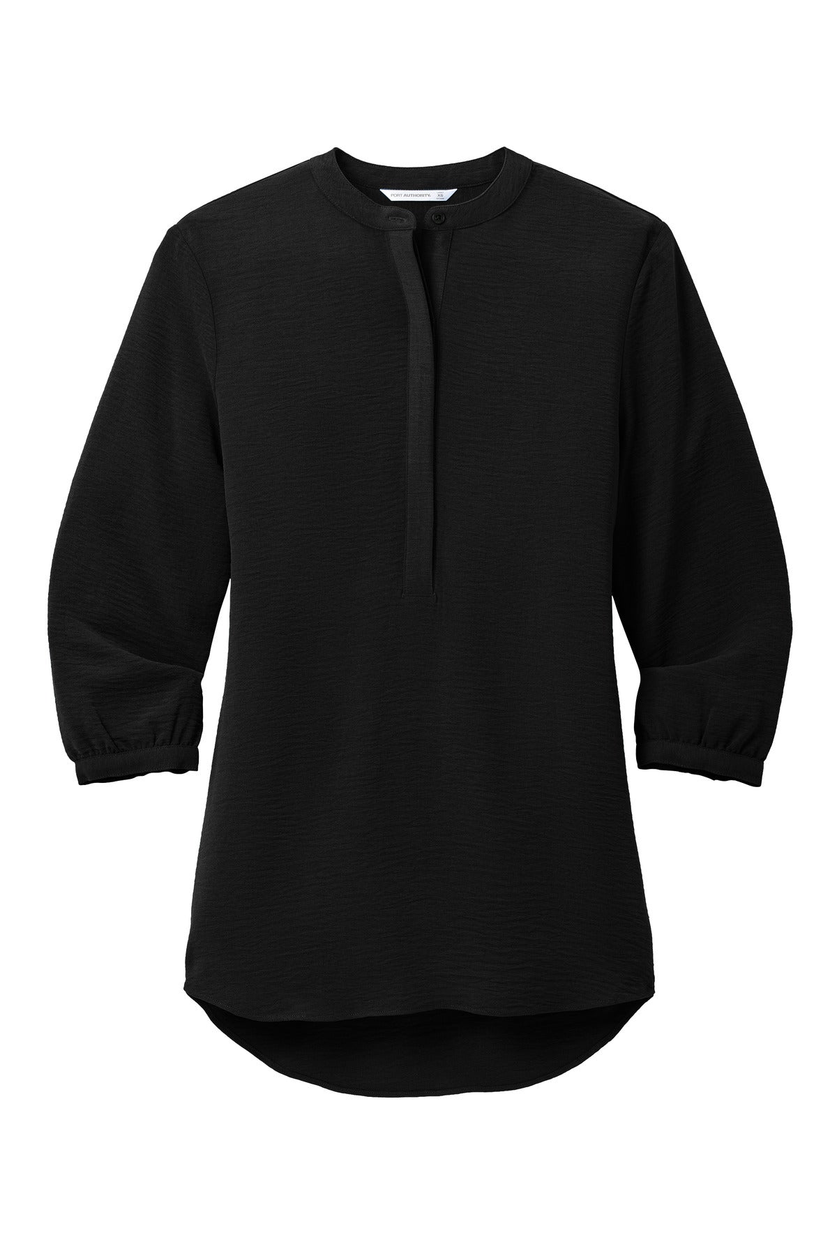 Front View of DeepBlack Port Authority Women's 3/4-Sleeve Textured Crepe Tunic LW713 plain