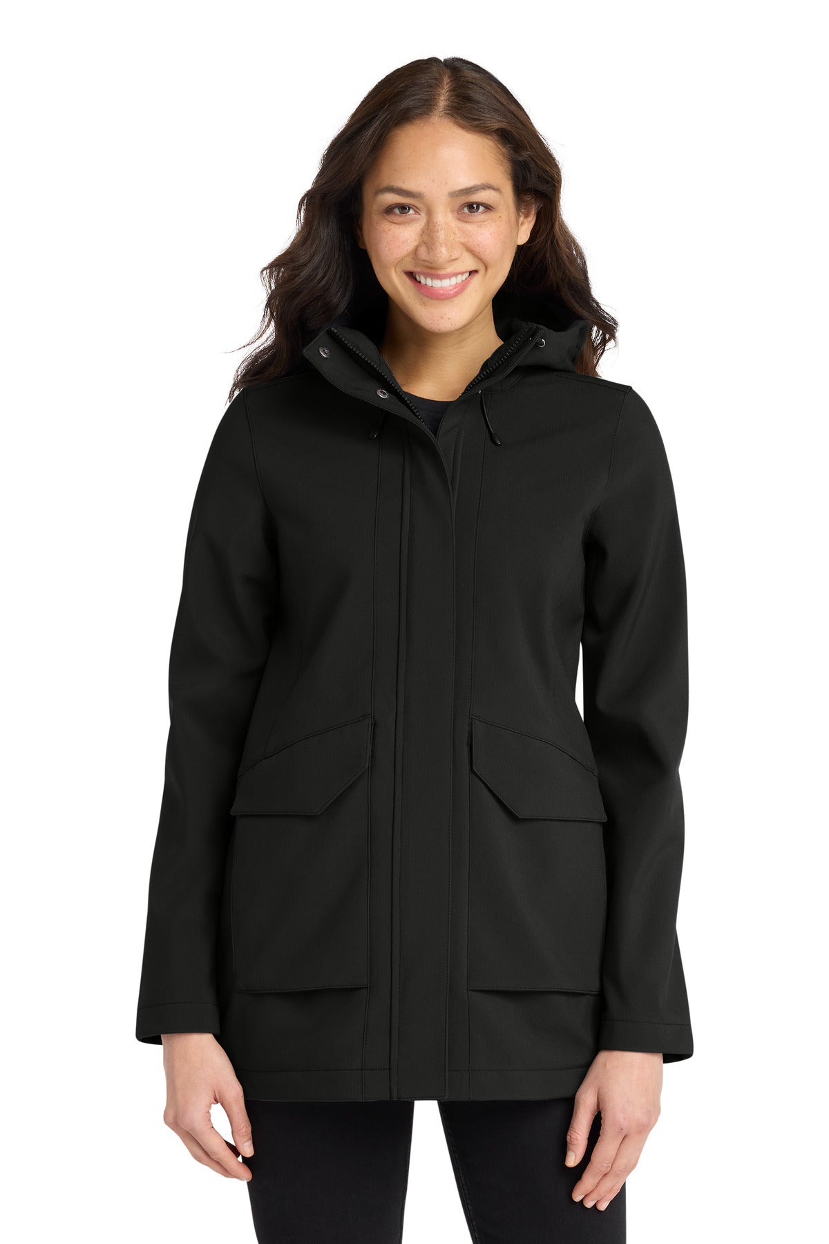 Front View of DeepBlack Port Authority Women's Collective Outer Soft Shell Parka L919 plain