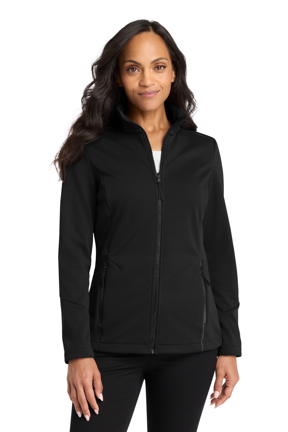 Front View of DeepBlack Port Authority Women's Collective Tech Soft Shell Jacket L921 plain