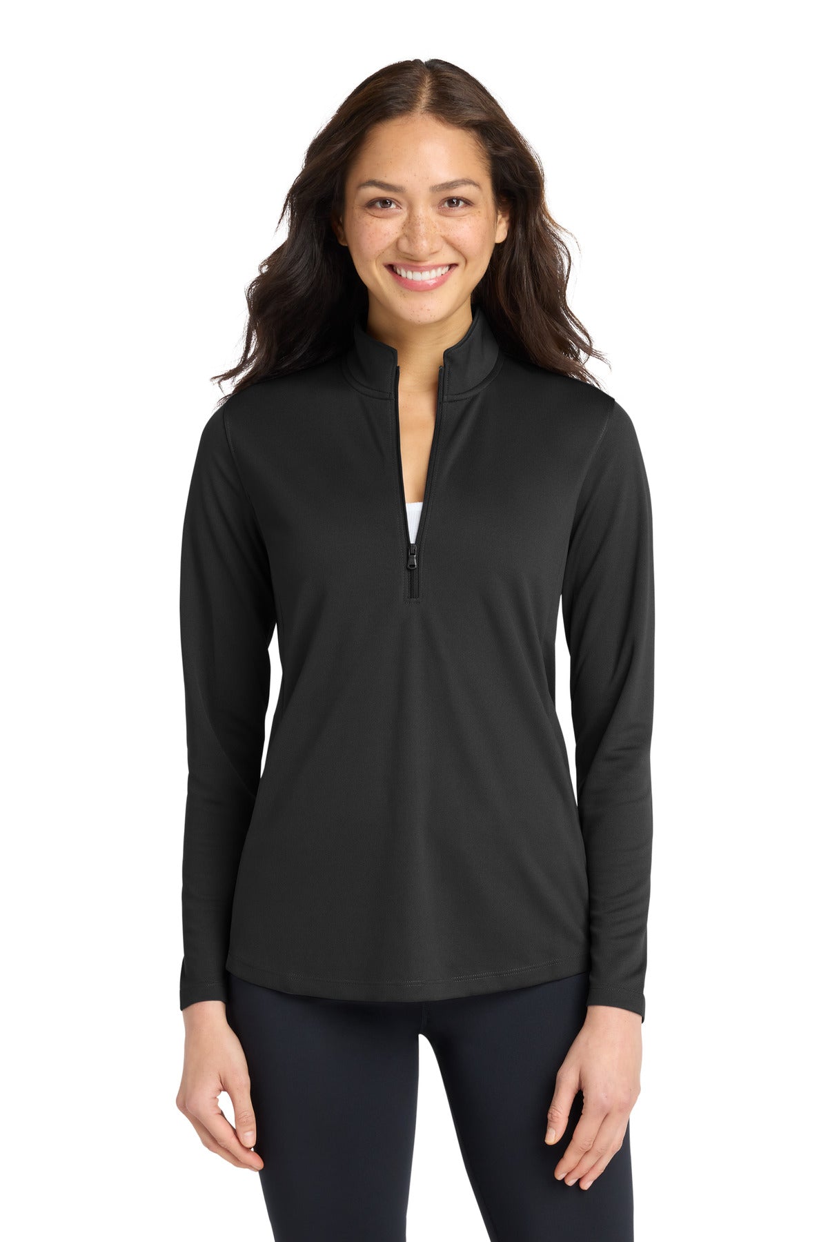 Front View of DeepBlack Port Authority Women's Dry Zone UV Micro-Mesh 1/4-Zip LK112 plain